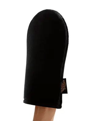 A hand displays the Bondi Sands Reusable Self Tan Application Mitt (1 Mitt), a black oval mitt with a branded tag, set against a white background—ideal for streak-free application and a flawless, natural-looking tan.