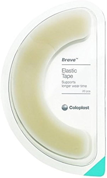 Coloplast Ostomy Care Brava Elastic Tape (20 Pcs) features 20 curved, beige hydrocolloid pieces that help enhance baseplate security and support longer wear time for medical use.