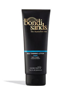 A black 200ml tube of Bondi Sands Self Tanning Lotion Dark, with gold and white branding and the label The Australian tan, promises a natural-looking, sun-kissed glow. Set against a white background.