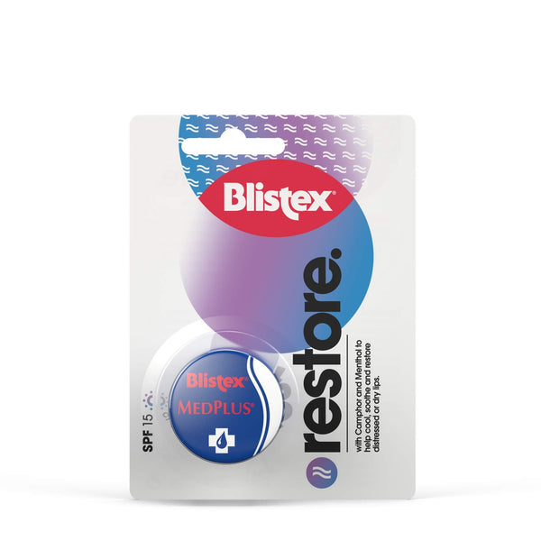 The Blistex Med Plus Lip Balm SPF15 (7ml) comes in a sleek blue container on white with purple accents, featuring nourishing Jojoba Oil and the renowned Blistex branding alongside restore.