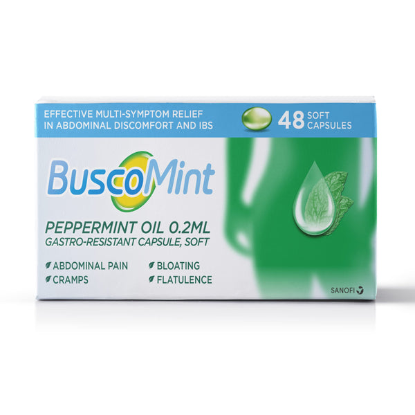 Image of BuscoMint Peppermint Oil Capsules (48) box by Buscomint. It features peppermint oil 0.2ml for relief from abdominal discomfort, cramps, bloating, flatulence, and IBS. Design includes mint leaves and water droplet.