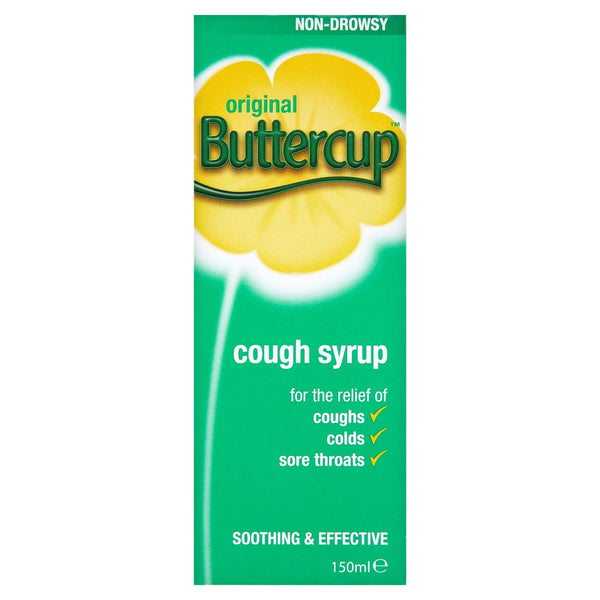 The Buttercup Original Syrup (150ml) in green and yellow packaging, labeled non-drowsy, promises effective relief for coughs, colds, and sore throats. This traditional herbal medicine is both soothing and effective.