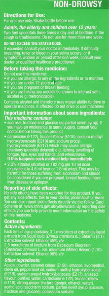 The green box with white text provides usage instructions for Buttercup Original Syrup (200ml), a non-drowsy sore throat relief by Buttercup. It includes dosage, precautions, and ingredients, with bold highlights warning against exceeding the dose and offering age-specific advice.