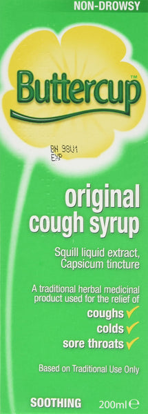 Buttercup Original Syrup (200ml) by Buttercup comes in a green box, labeled non-drowsy for effective sore throat relief. It contains squill liquid extract and capsicum tincture, claims to soothe and relieve coughs, colds, sore throats based on traditional use.