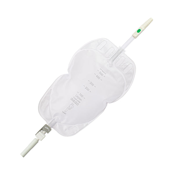 The Bard Uriplan Leg Bags (500ml, Pack of 10) by Bard are clear urinary drainage bags with measurement markings, attached tubing, clamp, and green-capped connector. Designed for medical use, they include a needle-free sample port for convenient urine collection from catheters.