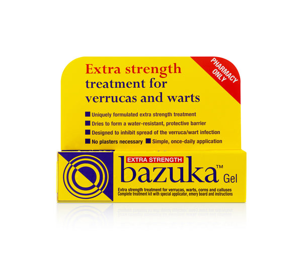 A yellow and purple box of Bazuka Extra Strength Gel (5g) by Bazuka, a "Pharmacy only" salicylic acid treatment for warts and verrucas, with key features highlighted on the packaging.