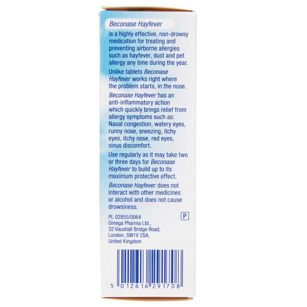 The Beconase Hayfever Nasal Spray (180 dose) box describes it as a non-drowsy Beconase allergy treatment with anti-inflammatory action for nasal congestion, sneezing, and watery eyes. Usage instructions and manufacturer details are included.