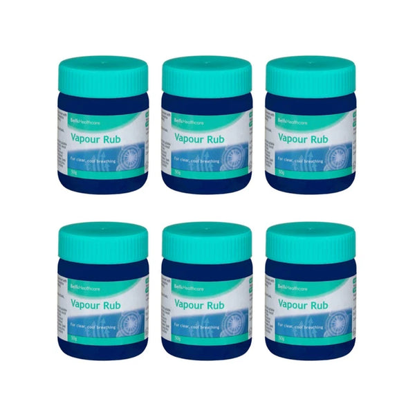 Six Bell's Healthcare Vapour Rub jars (50g each) from Bell's are arranged in two rows of three against a white background. This pack of 6 is designed to soothe chest congestion and provide respiratory relief from cold symptoms.