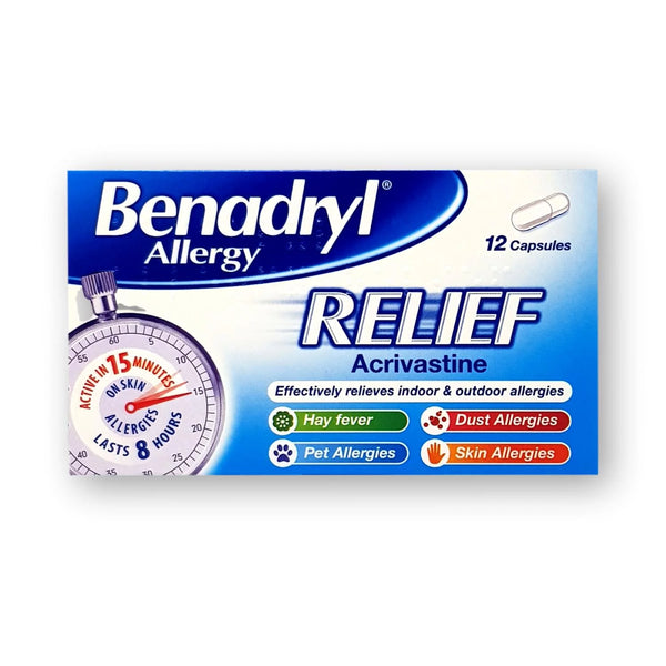 The Benadryl Relief (12 Capsules) pack by Benadryl provides fast and effective relief from allergies such as hay fever, pet, dust, and skin allergies with its acrivastine formula.