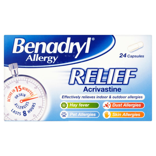 The image shows a box of Benadryl Allergy (24s), an antihistamine with Acrivastine, offering relief from hay fever, dust, pet, and skin allergies in just 15 minutes. Its effects last up to 8 hours, highlighted by a stopwatch graphic that emphasizes its fast action.