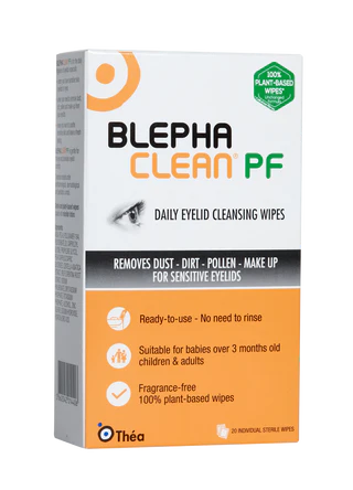 A box of Thea Blephaclean Preservative Free Daily Eyelid Cleansing Wipes (20 pack), with plant-based, fragrance-free wipes that gently remove dust and makeup; suitable for sensitive eyes.