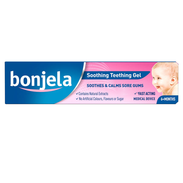 Bonjela Teething Gel, a 15g blue and pink box, soothes sore gums with natural extracts for babies over 6 months. This fast-acting gel is free from artificial additives and also alleviates mouth ulcers, featuring a baby image on the right.