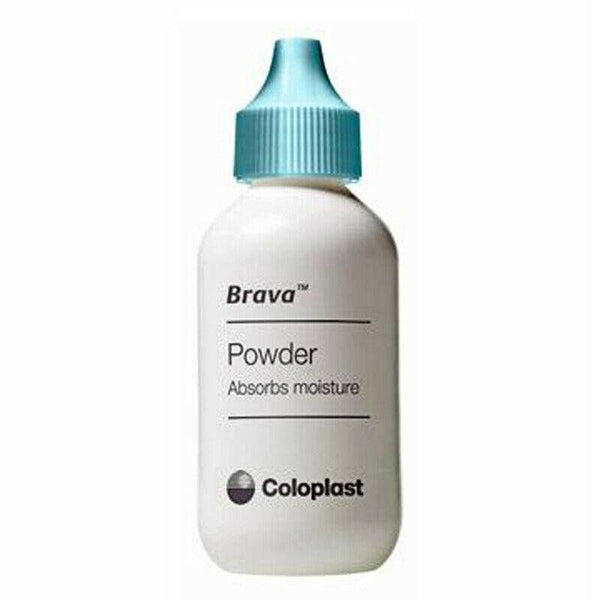 A white Brava Ostomy Powder (25g) bottle by Coloplast, with a teal cap, is centered on a plain white background. The label highlights Powder Absorbs Moisture for skin protection, above the Coloplast logo.
