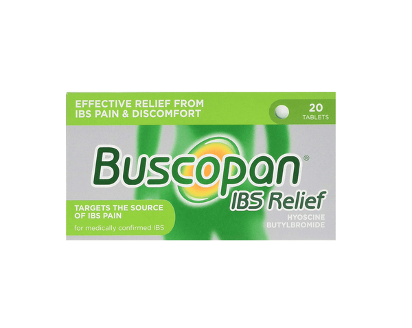 Image of a Buscopan IBS Relief box. The green and white packaging offers Effective relief from IBS pain & discomfort. With 40 tablets of hyoscine butylbromide, it targets abdominal pain for quick IBS relief.