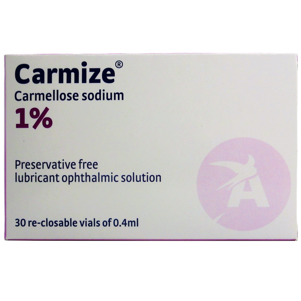 The image features a box of Carmize Carmellose Sodium Eye Drops 1%, which is a preservative-free lubricant solution for sensitive eyes, providing dryness relief in 30 re-closable 0.4ml vials. The background has white and purple text.