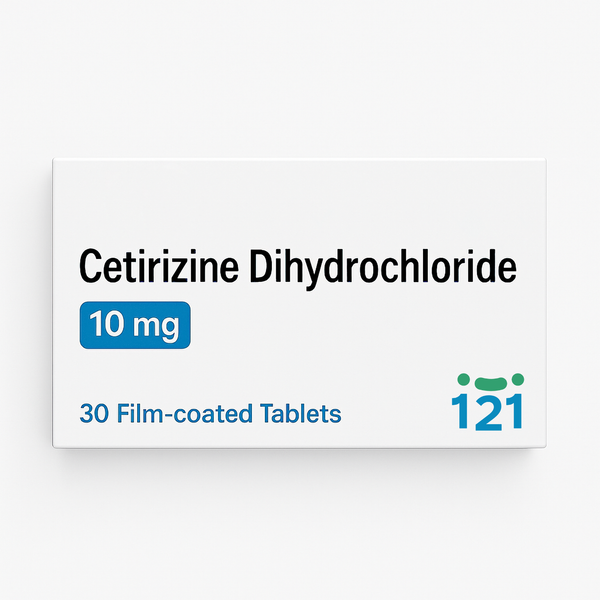 A white box labeled Cetirizine Dihydrochloride Tablets - Brand May Vary (30 Tablets), 10 mg for hay fever and allergy relief, contains 30 film-coated tablets. Packaging may vary by brand.