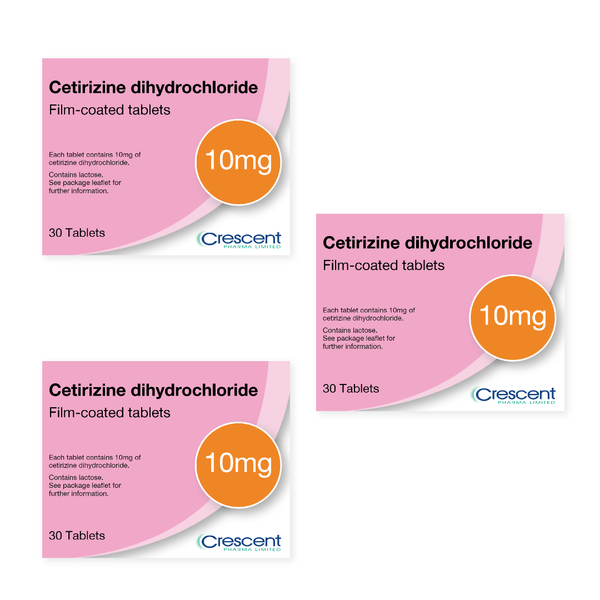 Crescent Cetirizine Dihydrochloride, 90 hay-fever tablets (3 months supply), by Crescent, offers effective non-drowsy antihistamine relief with a distinctive pink and orange design.