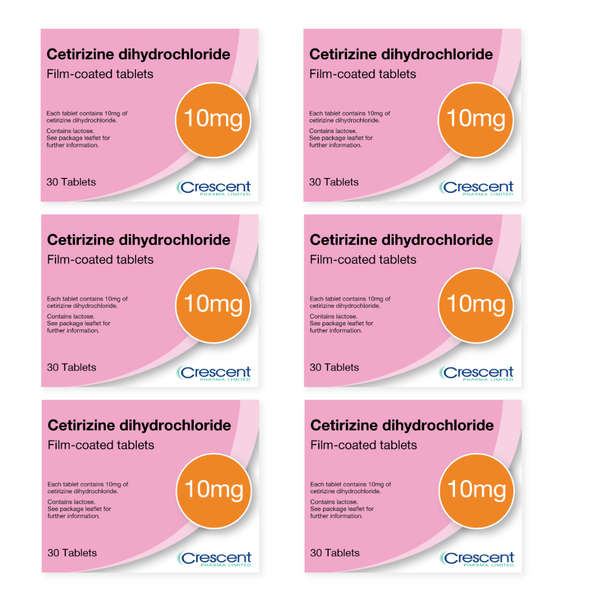 Six identical Crescent Cetirizine Dihydrochloride packs, each with 30 tablets (180 total) for 6 months’ hay-fever relief—non-drowsy antihistamine allergy relief in pink and white packaging with orange dosage circle.