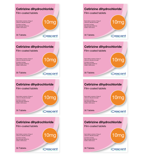 Eight boxes of Crescent Cetirizine Dihydrochloride, totaling 240 hay-fever tablets (8 months supply), are displayed in two columns of four against a white background for effective allergy relief.
