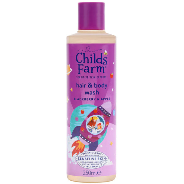 A 250ml bottle of 121 Pharmacy Childs Farm Blackberry & Organic Apple Hair & Body Wash, featuring purple packaging with a cartoon rocket and stars—a gentle children’s wash created to make bath time enjoyable while caring for sensitive skin.