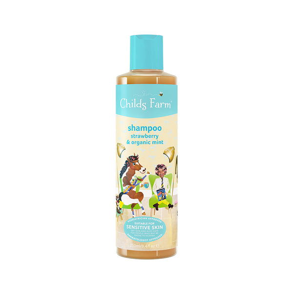 Childs Farm Shampoo Strawb & Organic Mint (250ml) is ideal for eczema-prone skin, with a strawberry and organic mint scent. The bottle features playful animals at bath time on a pastel background with a turquoise cap.