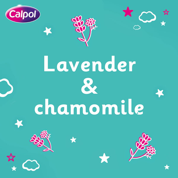 A teal label with Lavender & chamomile in white, pink flowers, clouds, and stars for nighttime use features on Calpol Vapour Plug Refill Pads (5 Pack). The Calpol logo is prominently displayed in the top left corner.