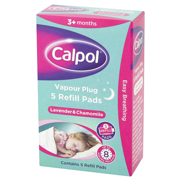 The Calpol Vapour Plug Refill Pads (5 Pack) provide lavender and chamomile scents for nighttime, suitable for children 3 months and older. The packaging is predominantly purple and teal, featuring a sleeping child image.