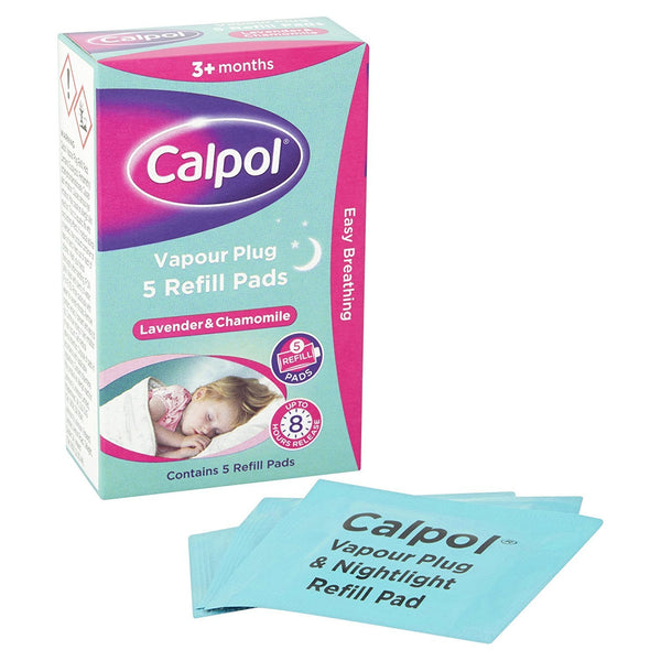 Calpol Vapour Plug Refill Pads (5 Pack) feature soothing lavender and chamomile scents for easy breathing, suitable for ages 3 months and older. The packaging displays an image of a sleeping child to emphasize nighttime use.