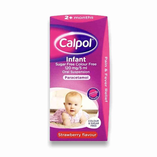 Calpol Infant Sugar Free Oral Suspension - Strawberry Flavour (100ml) is a 120 mg/5 ml formula suitable for infants 2+ months. It is sugar-free and color-free, offering pain and fever relief with packaging featuring a comforting baby image.