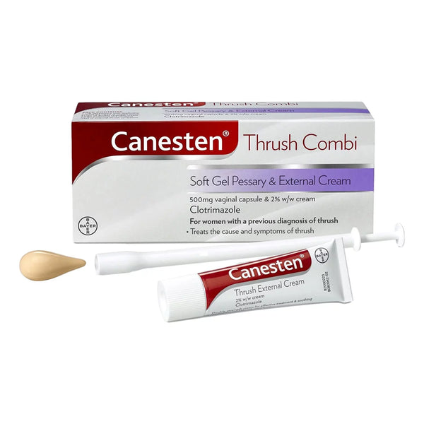 Image of Canesten Thrush Combi Soft Gel Pessary & Cream packaging, featuring a 500mg pessary and 2% clotrimazole cream for treating vaginal yeast infections. The box includes a cream tube, applicator, and essential information for effective relief.