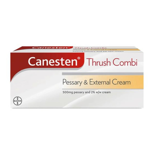 Canesten Thrush Combi Pessary & Cream (2%) is a proven treatment for vaginal thrush, including a 500mg pessary and 2% w/w clotrimazole cream, in white packaging with red and yellow accents featuring the Bayer logo.