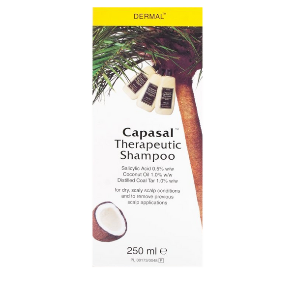 The Capasal Therapeutic Shampoo 250ml label features coconut imagery and highlights ingredients such as salicylic acid, coconut oil, and distilled coal tar for effective care of dry, scaly scalp conditions.