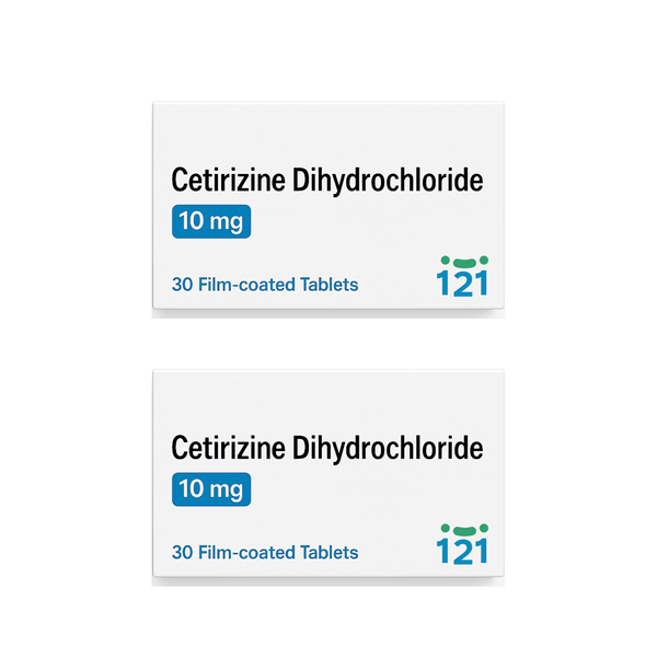 Two packs of Cetirizine Dihydrochloride Tablets (Brand May Vary), each with 30 film-coated tablets, ideal for hay fever and allergy relief.