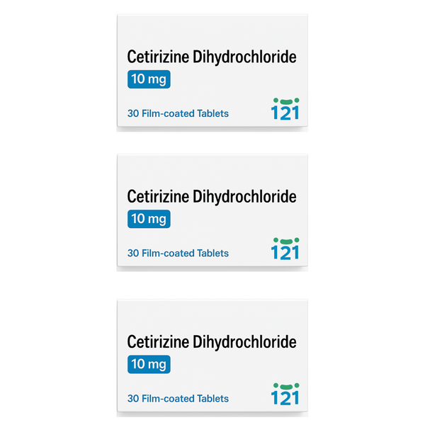 Three boxes of Cetirizine Dihydrochloride Tablets 10 mg (Brand May Vary), each with 30 film-coated tablets, are displayed. The white packaging with blue and green accents highlights effective hay fever and allergy relief.