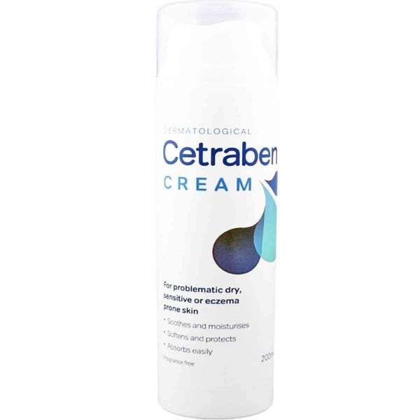 A Cetraben bottle (150g) sits against a white background. The label emphasizes its effectiveness for eczema-prone, dry, sensitive skin, offering soothing, moisturizing, softening protection while absorbing easily. Its fragrance-free and perfect for gentle care.