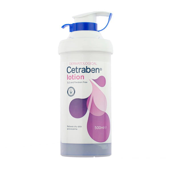 The 500ml Cetraben Lotion for Dry and Itchy Skin, ideal for eczema-prone skin, is cruelty-free and dermatological. It relieves dry skin and is free from SLS and parabens. The bottle features a purple droplet design with a convenient blue pump dispenser.