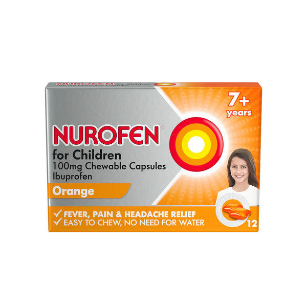 Nurofen For Children 100mg Chewable Capsules (12 Capsules) by Nurofen, orange-flavored, suitable for ages 7+, provide effective pain and fever relief. The box features a smiling child.
