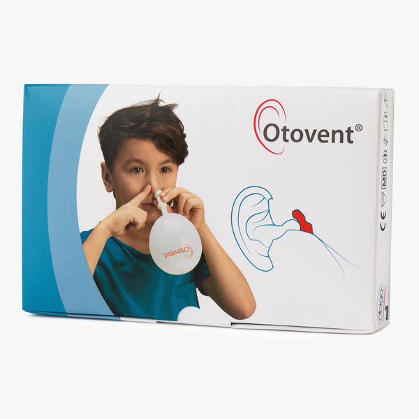 The Otovent Glue Ear Treatment (1) box from Otovent features a boy inflating a balloon through his nose, with an ear graphic and the Otovent logo, illustrating this alternative treatment for blocked Eustachian tubes.