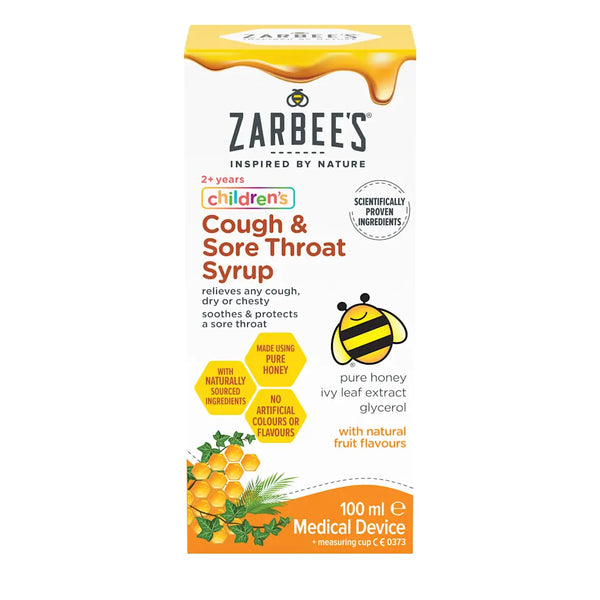 Zarbees Children’s Cough and Sore Throat Syrup (200ml) is a honey and fruit-flavored syrup for ages 2+ that helps relieve cough and sore throat. Packaging features a cartoon bee and honeycomb.