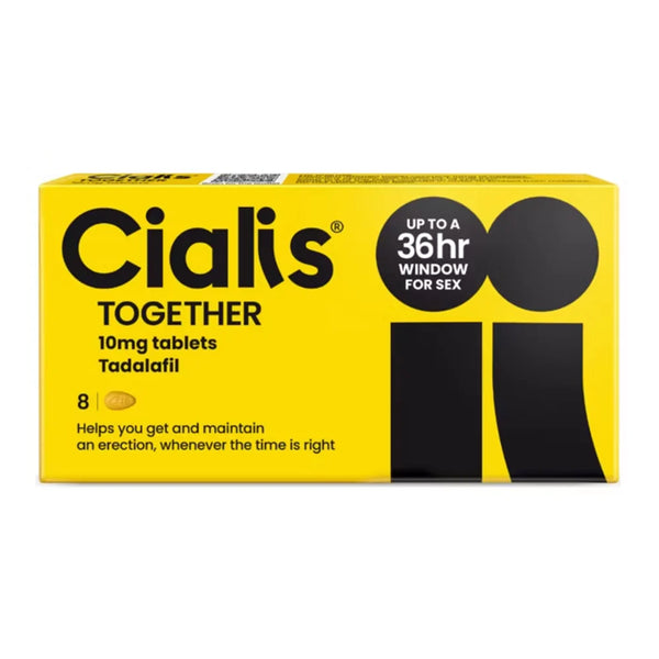 Pack of Cialis Together 10mg Tablets (Pack of 8) | Long-Lasting ED Relief by Cialis, featuring Tadalafil in yellow and black packaging. The box highlights that it provides up to a 36-hour window for sex and helps you get and maintain an erection whenever needed. This over-the-counter erectile dysfunction treatment offers convenient, reliable support when you need it most.