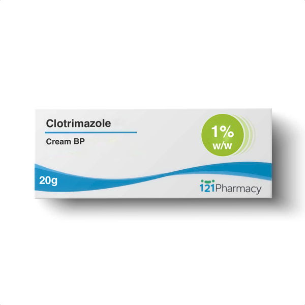 The Clotrimazole Antifungal Cream (20g) for athletes foot has a white box with blue-green accents, featuring 1% w/w in a green circle and 20g in a blue section. Its minimalistic design includes the i2iPharmacy logo at the bottom right. Brand May Vary.