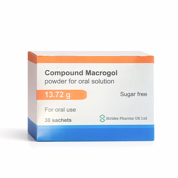 A white box of Strides Pharmaa Compound Macrogol Oral Solution - Sugar Free (30 sachets), 13.72 g, with orange, blue, and turquoise accents.
