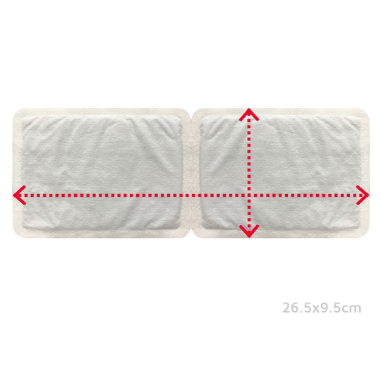 Two rectangular adhesive wound dressings are shown side by side on a white background with dashed red arrows for measurements. The dimensions 28 x 10.6 cm appear in the lower right, similar to a Deep Heat Pain Relief Heat Patch (1) from the brand Deep Heat for targeted muscle pain relief.