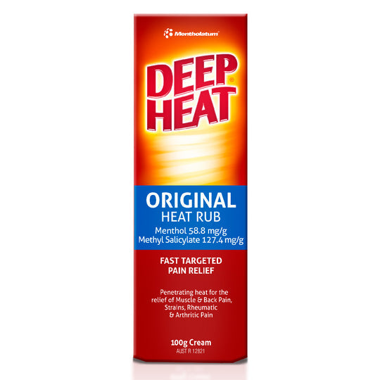 An image of a Deep Heat Pain Relief Rub (100g) box in red and yellow. Contains Menthol 58.8 mg/g and Methyl Salicylate 127.4 mg/g. Text proclaims: Fast Targeted Pain Relief for muscular aches, back pain, strains, and arthritis.