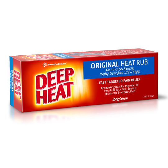 A rectangular box of Deep Heat Pain Relief Rub (100g) by Deep Heat is depicted. The box is red and blue with white and yellow text, containing cream with Menthol and Methyl Salicylate for targeted relief from muscular aches.