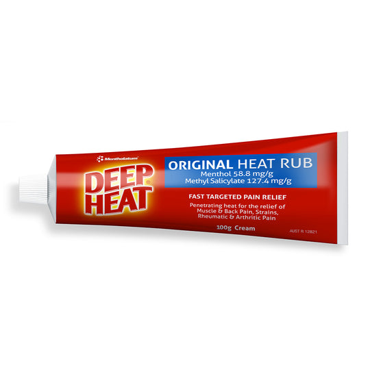 Packaged in red and white, the 100g Deep Heat Pain Relief Rub offers fast, targeted relief for muscular aches. With Menthol 58.8 mg/g and Methyl Salicylate 127.4 mg/g, its perfect for muscle pain, strains, arthritis, and back pain therapy.