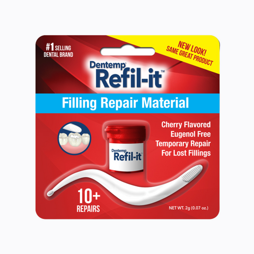 Dentemp Refil-it Filling Repair Material includes a red jar and white applicator, offering over 10 temporary repairs for lost fillings. This cherry-flavored, eugenol-free solution is designed with a red and white theme featuring a tooth illustration.