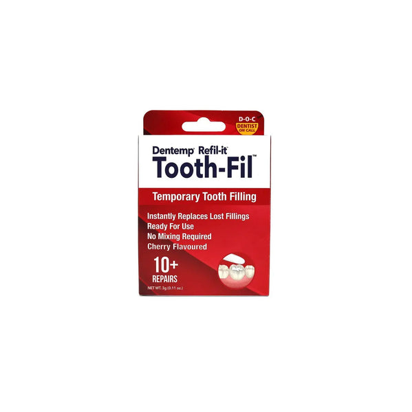 Dentemp Refil-it Tooth-fil (10 Repairs) by Dentemp comes in a red and white box. It instantly replaces lost fillings, needs no mixing, relieves pain, is cherry flavored, and repairs up to 10 fillings.