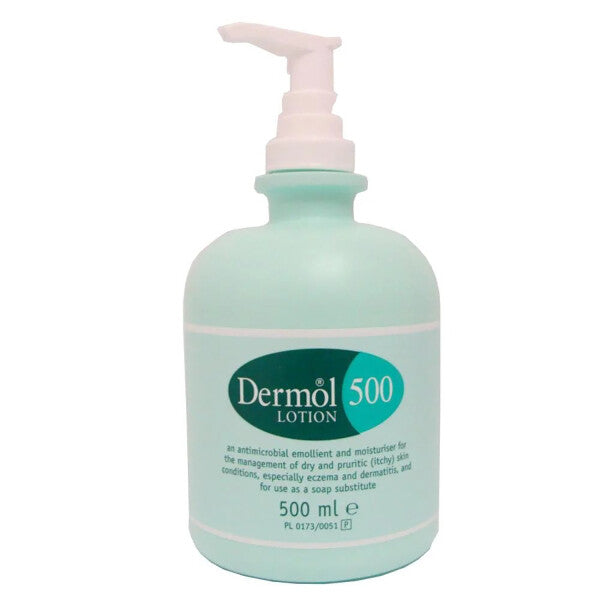 A 500ml teal-labeled pump bottle of Dermol 500 Lotion from Dermol, an antimicrobial emollient ideal for managing eczema and dermatitis, also serves as a soap substitute.