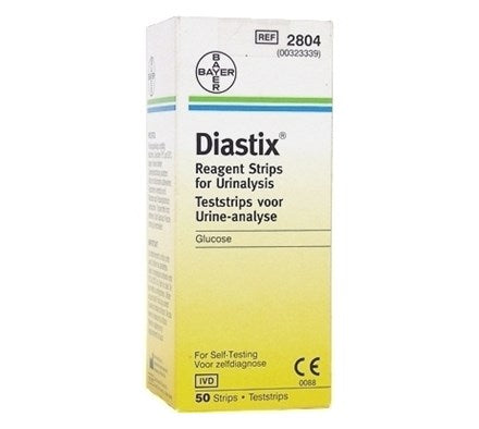 Image of a Bayer Diastix Urine Glucose Test Strips box (50 strips) for diabetes self-testing, primarily white with blue and yellow accents. The box displays text in multiple languages and features CE and IVD markings.